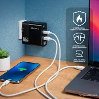 Cargador Master-G 65W Cargador USB-C 65W Cargador Power Delivery Master-G Cargador Triple Puerto USB-C Cargador Rápido Master-G Negro
