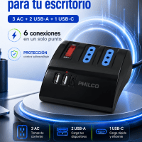 Extensión de escritorio Philco 2044N USB-C 3 tomas Philco 2044N extensión eléctrica con USB-C y USB Extensión Philco 2044N 3 tomas 220V color negro Puertos USB y USB-C extensión escritorio Philco 2044N Alargador Philco 2044N con protección de sobrecarga Extensión eléctrica Philco USB-C cable 1,5 metros