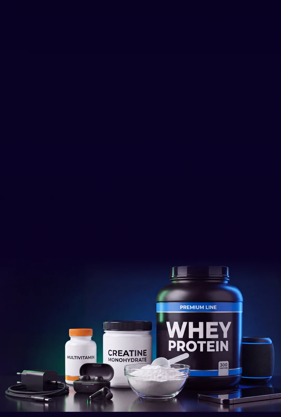 Whey protein, creatina, multivitamínico, audífonos, parlante y cargador OneClickBey