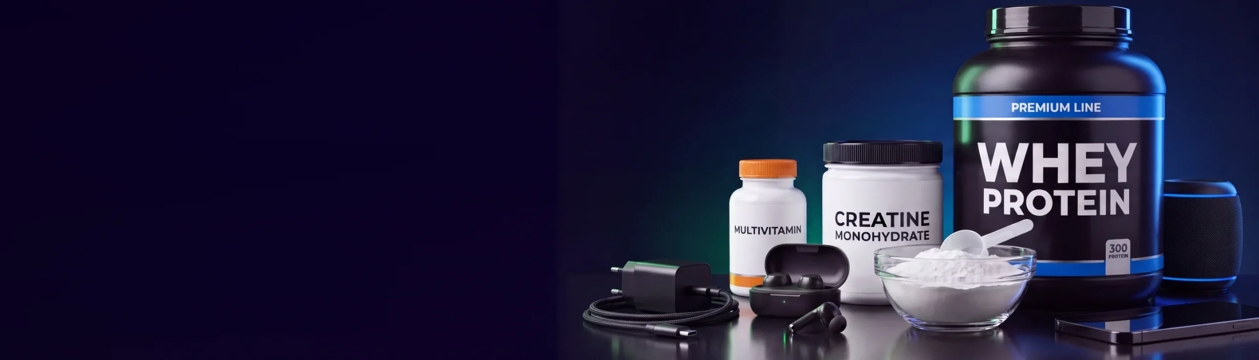 Whey protein, creatina, multivitamínico, audífonos, parlante y cargador OneClickBey